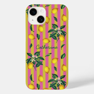 Mediterranean Lemons Pink Yellow Stripes Name Case-Mate iPhone 14 Case