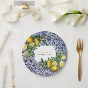 Mediterranean Lemons Portuguese Tiles Wedding  Paper Plate