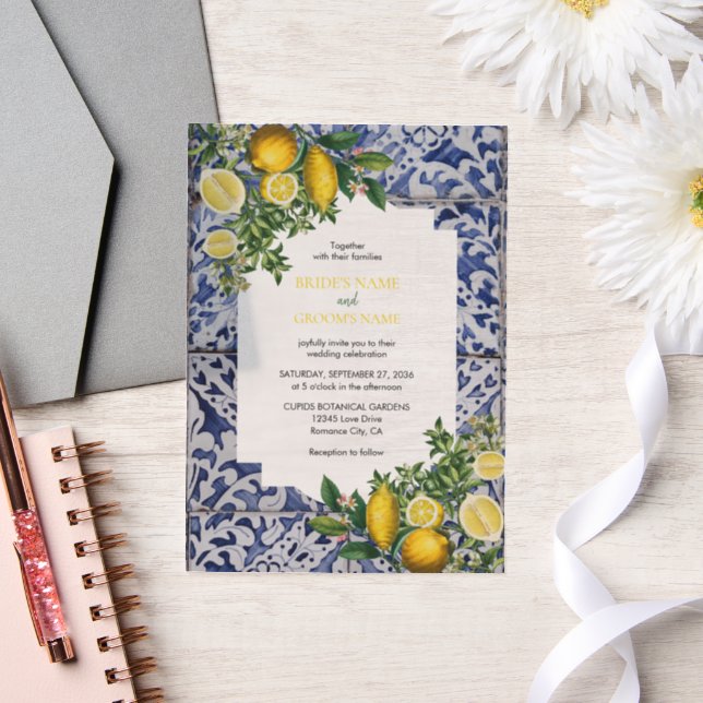 Mediterranean Lemons Portuguese Tiles Wedding Vellum Invitations (Wedding)