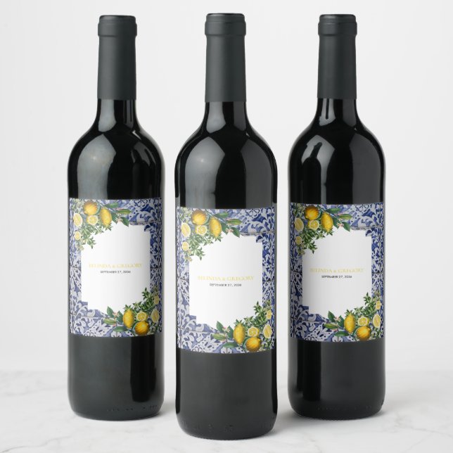Mediterranean Lemons Portuguese Tiles Wedding  Wine Label (Bottles)