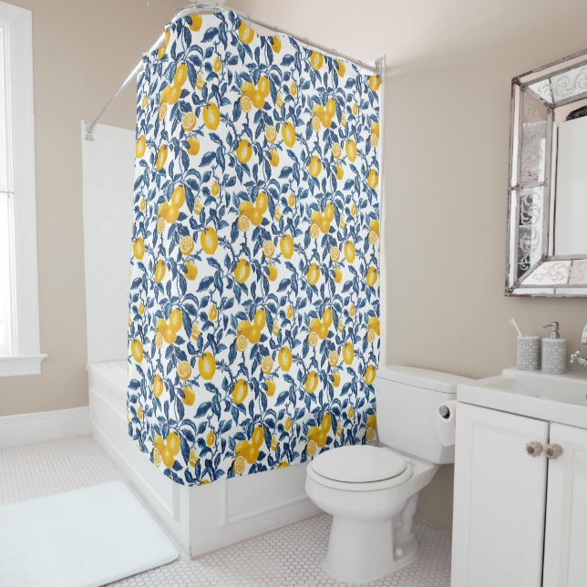 Mediterranean Lemons Seamless Pattern Shower Curtain (In Situ)