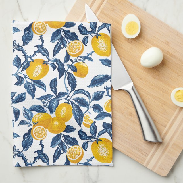 Mediterranean Lemons Seamless Pattern Tea Towel (Quarter Fold)