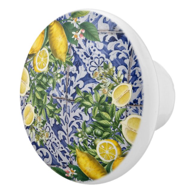 Mediterranean Lemons Summer Portuguese Tiles  Ceramic Knob (Right)