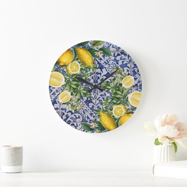 Mediterranean Lemons Summer Portuguese Tiles  Large Clock (Home)