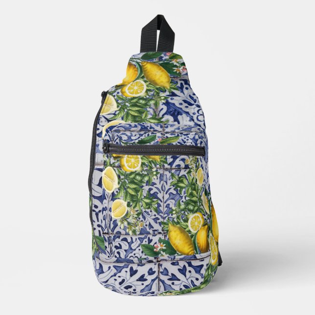 Mediterranean Lemons Summer Portuguese Tiles Sling Bag (Front)