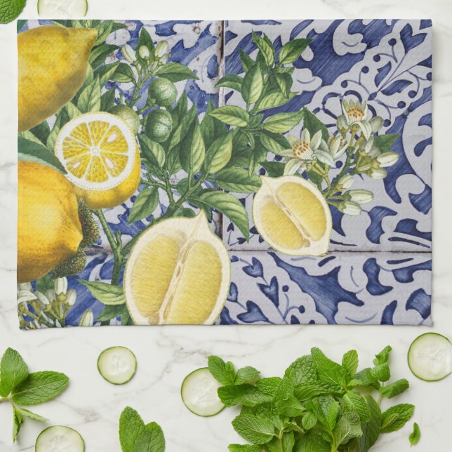 Mediterranean Lemons Summer Portuguese Tiles Tea Towel (Folded)