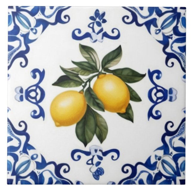 Mediterranean Lemons with Blue and White Border Ceramic Tile (Front)