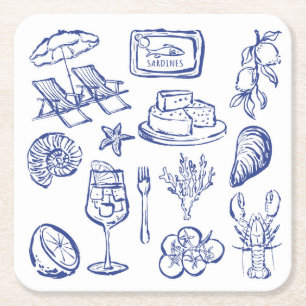  Mediterranean Life Outline Square Paper Coaster