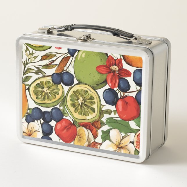 Mediterranean Limes, Lemons and Flowers. Painted Metal Lunch Box (Front)