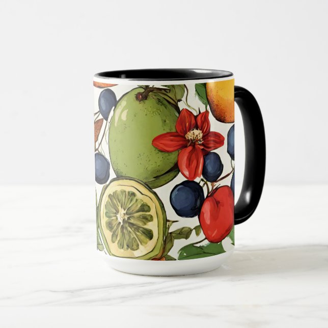 Mediterranean Limes, Lemons and Flowers. Painted Mug (Front Right)