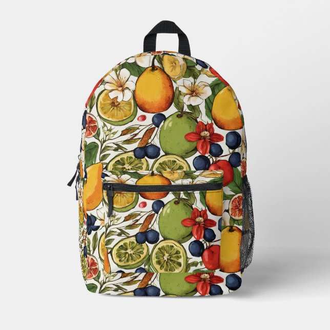 Mediterranean Limes, Lemons and Flowers. Painted Printed Backpack (Front)