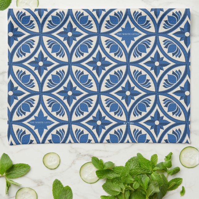 Mediterranean Lotus Tile Pattern - The White Lotus Tea Towel (Folded)