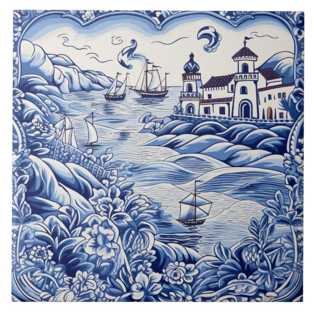 Mediterranean lovers blue white  ceramic tile (Front)