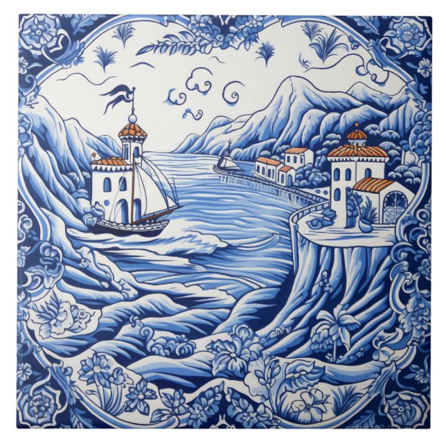 Mediterranean lovers blue white  ceramic tile (Front)
