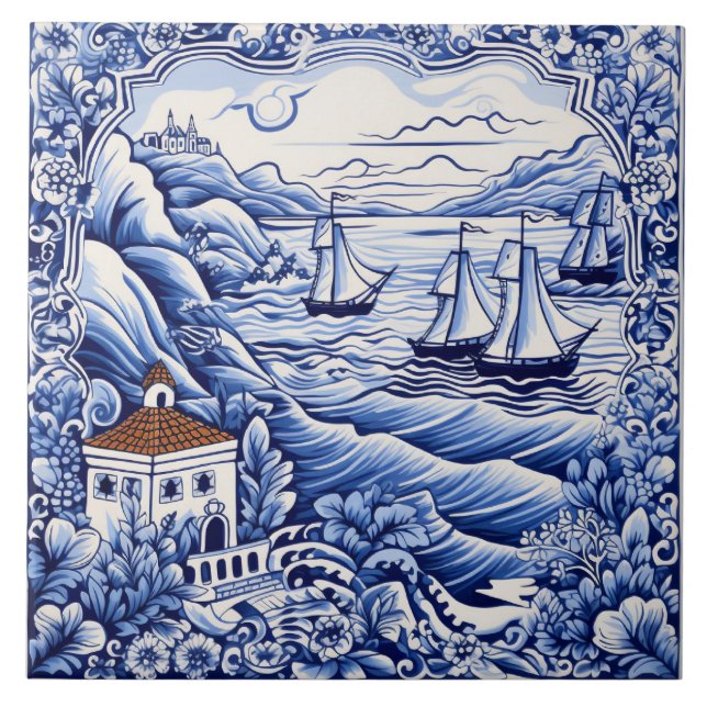 Mediterranean lovers blue white  ceramic tile (Front)