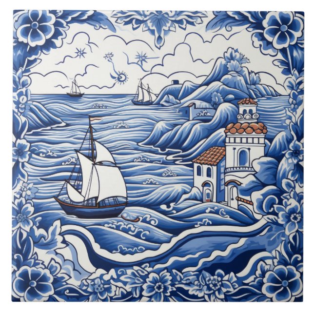Mediterranean lovers blue white ceramic tile  (Front)