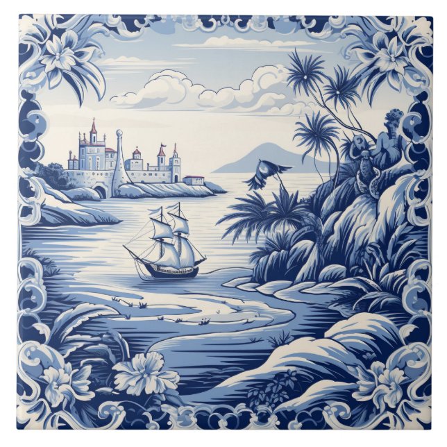 Mediterranean lovers blue white  ceramic tile (Front)