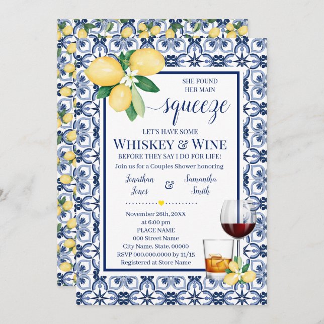 Mediterranean Main Squeeze Whiskey & Wine Shower Invitation (Front/Back)