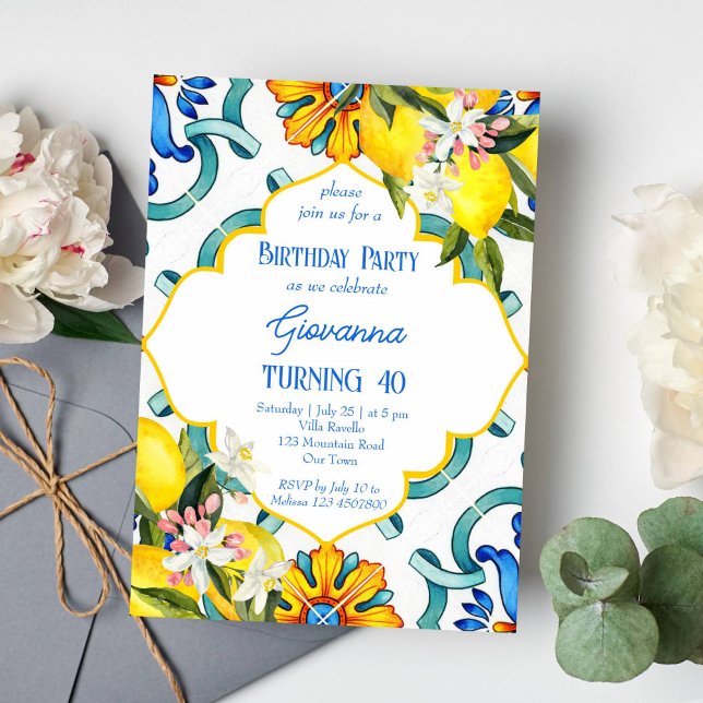 Mediterranean Majolica tiles lemons birthday party Invitation (Mediterranean blue tiles lemons birthday party invitation template instant download Majolica )