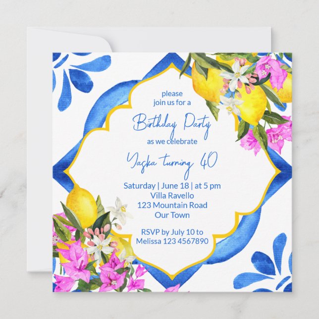 Mediterranean Majolica tiles lemons birthday party Invitation (Front)