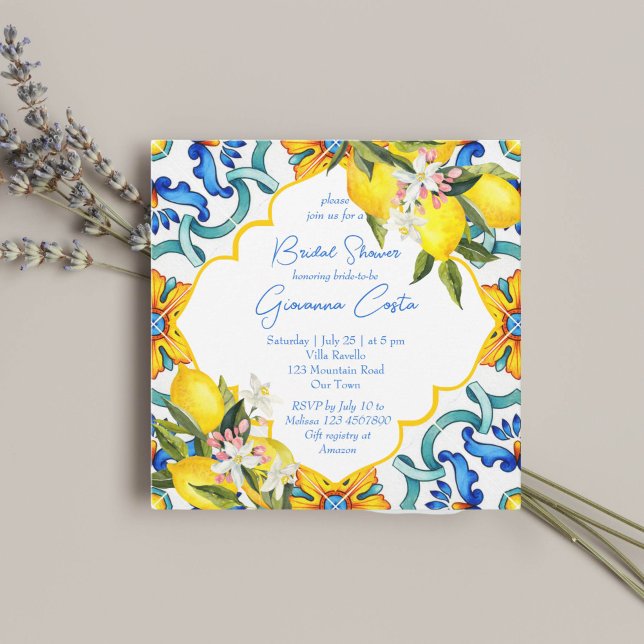 Mediterranean Majolica tiles lemons bridal shower Invitation (Mediterranean Majolica blue yellow tiles lemons bridal shower Invitation template instant download)