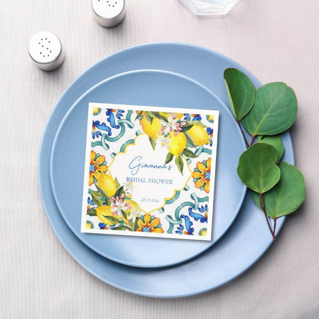 Mediterranean Majolica tiles lemons bridal shower Napkin (Mediterranean Majolica blue tiles lemons bridal shower personalized printed Napkins table decor)