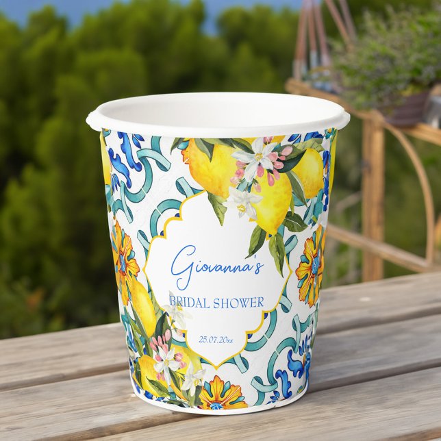 Mediterranean Majolica tiles lemons bridal shower Paper Cups (Mediterranean Majolica Italian blue tiles lemons bridal shower personalized printed Paper Cups)