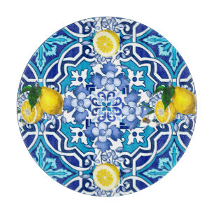 Mediterranean,majolica,tiles ,lemons,citrus  cutting board