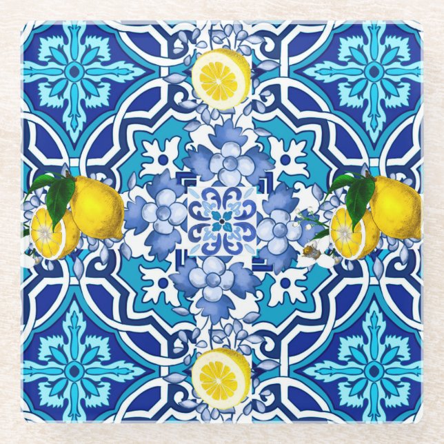 Mediterranean,majolica,tiles ,lemons,citrus  glass coaster (Front)