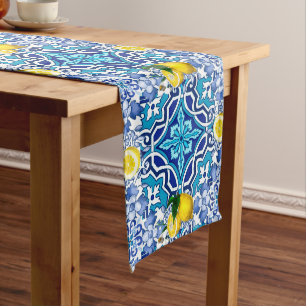 Mediterranean,majolica,tiles ,lemons,citrus long table runner