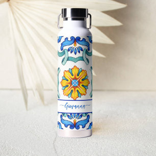 Mediterranean Majolica tiles print blue and yellow Water Bottle