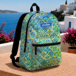 Mediterranean Mexican Aqua Mint Sicilian Tiles Printed Backpack