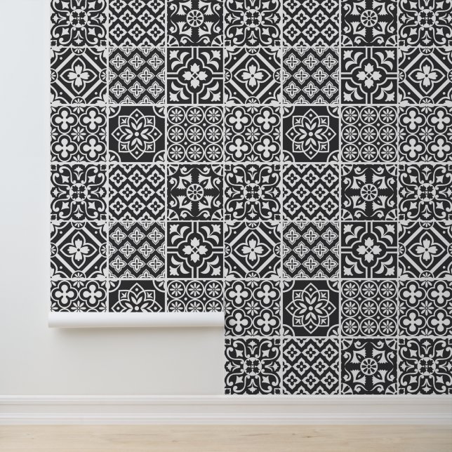 Mediterranean Monochrome Mosaic Tile Wallpaper (Application)