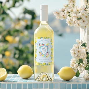 Mediterranean Monogram Crest Wedding Limoncello Wine Label