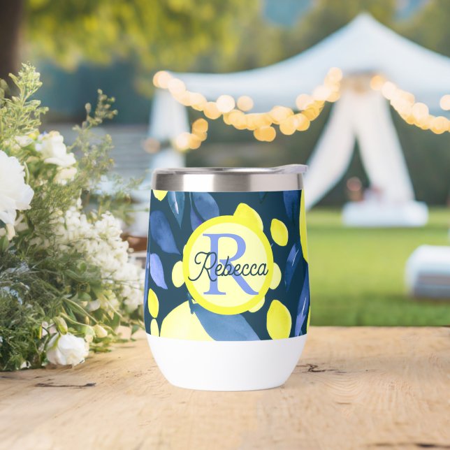 Mediterranean Monogram Name Chic Lemons Blue Leaf (Wedding)