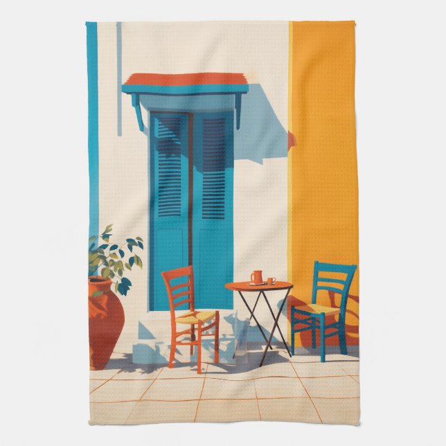 Mediterranean Morning Terrace Bliss Tea Towel (Vertical)