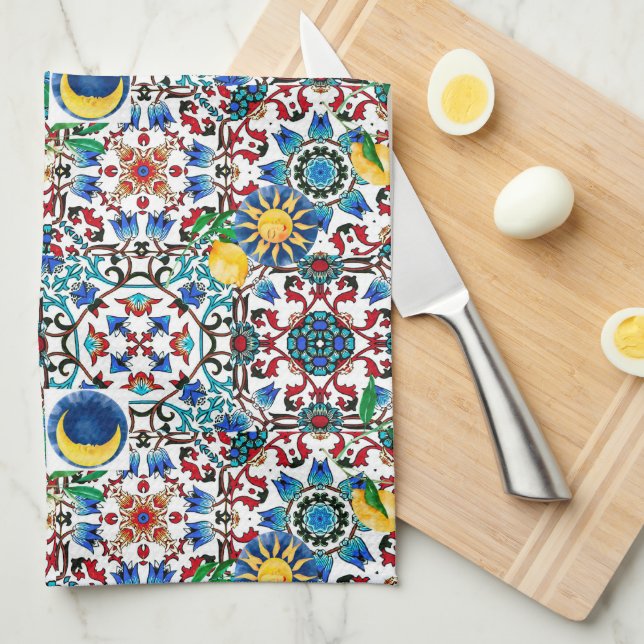 Mediterranean,Moroccan,mosaic,lemon art Tea Towel (Quarter Fold)