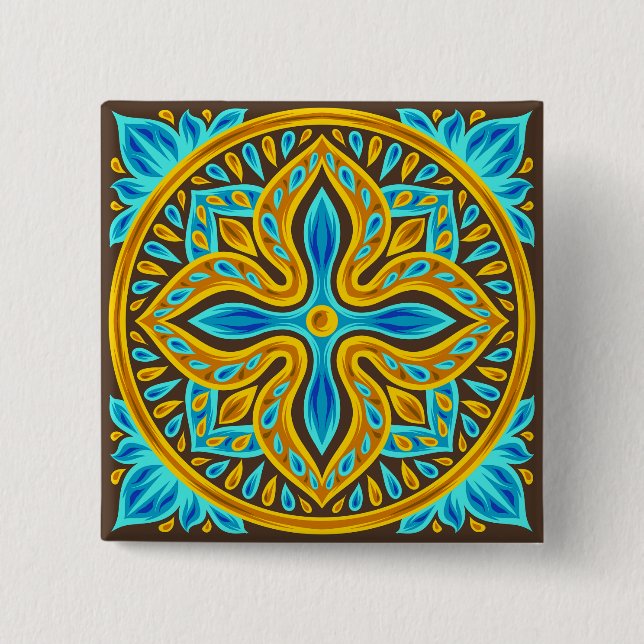 Mediterranean Moroccan Tile Pattern Blue and Gold 15 Cm Square Badge (Front)