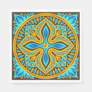 Mediterranean Moroccan Tile Pattern Blue and Gold Napkin