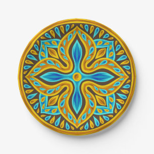Mediterranean Moroccan Tile Pattern Blue and Gold Paper Plate