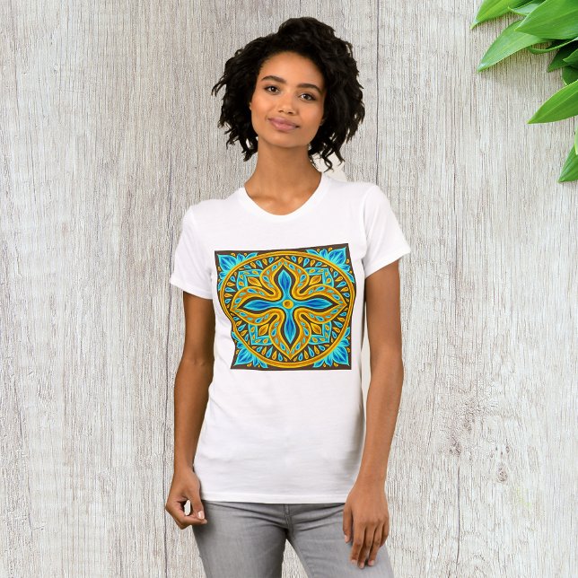 Mediterranean Moroccan Tile Pattern Blue and Gold T-Shirt (Creator Uploaded)