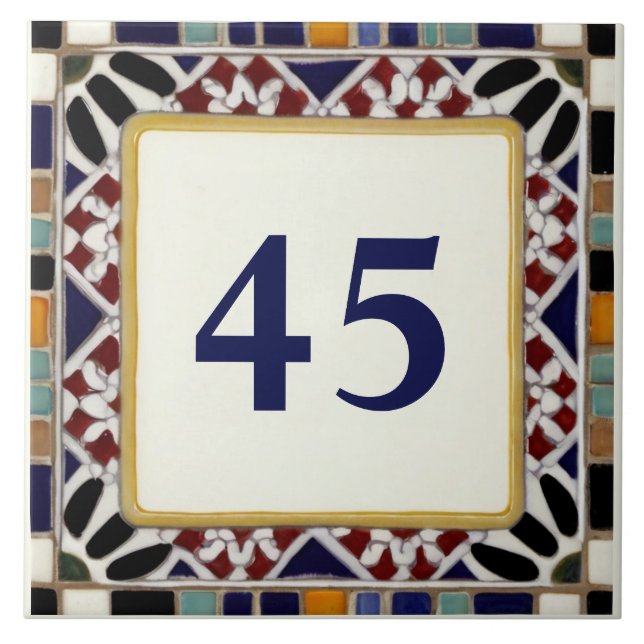 Mediterranean Mosaic House Number Sign Plate Ceramic Tile (Front)