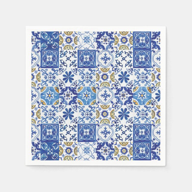 Mediterranean Mosaic Tiles Blue Birthday Party Napkin (Front)