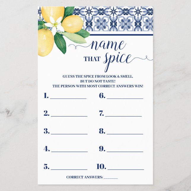 Mediterranean Name that Spice Shower Game Card (Front)