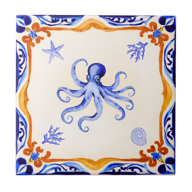 Mediterranean Octopus Ceramic Tile (Front)
