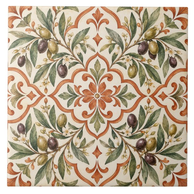 Mediterranean Olive Branch Ceramic Tile (Front)