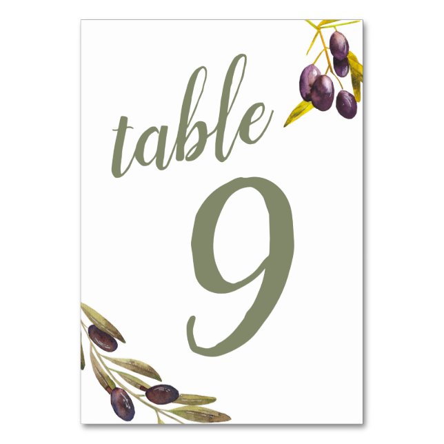 Mediterranean Olive Branch Custom Bold Sage Table Number (Front)