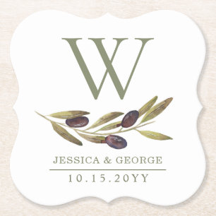 Mediterranean Olive Branch Custom Monogram Sage Paper Coaster