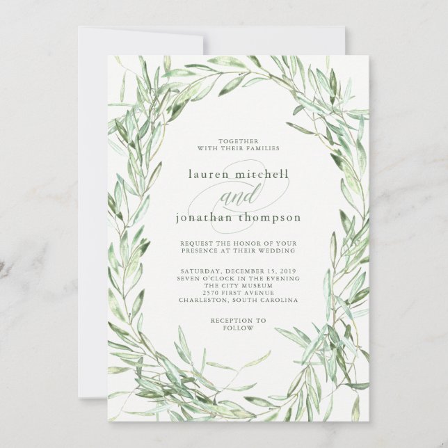Mediterranean Olive Branches | Watercolor Wedding Invitation (Front)