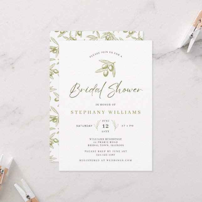 Mediterranean Olive Bridal Shower Invitation  (Front/Back In Situ)